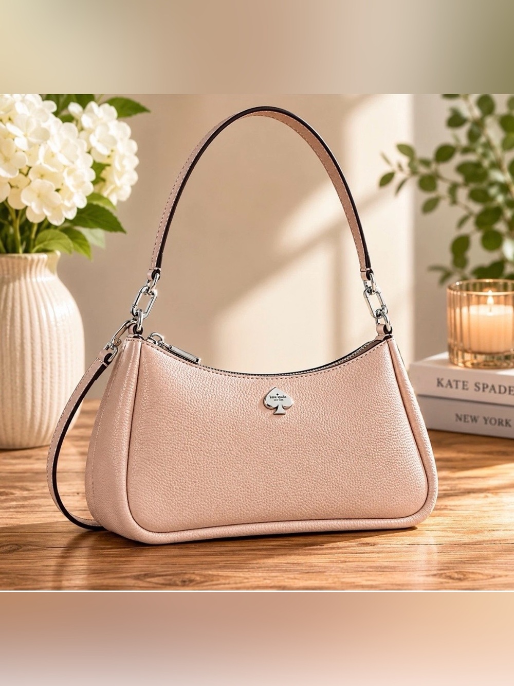 Kate Spade NWT Kayla Pebbled Leather Convertible Crossbody Powder Pink w Silver